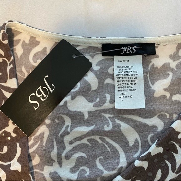 NWT Shimmer Ruche Asymmetrical Neck 3/4 sleeve Floral Taupe Top by JBS Size S - Picture 8 of 10